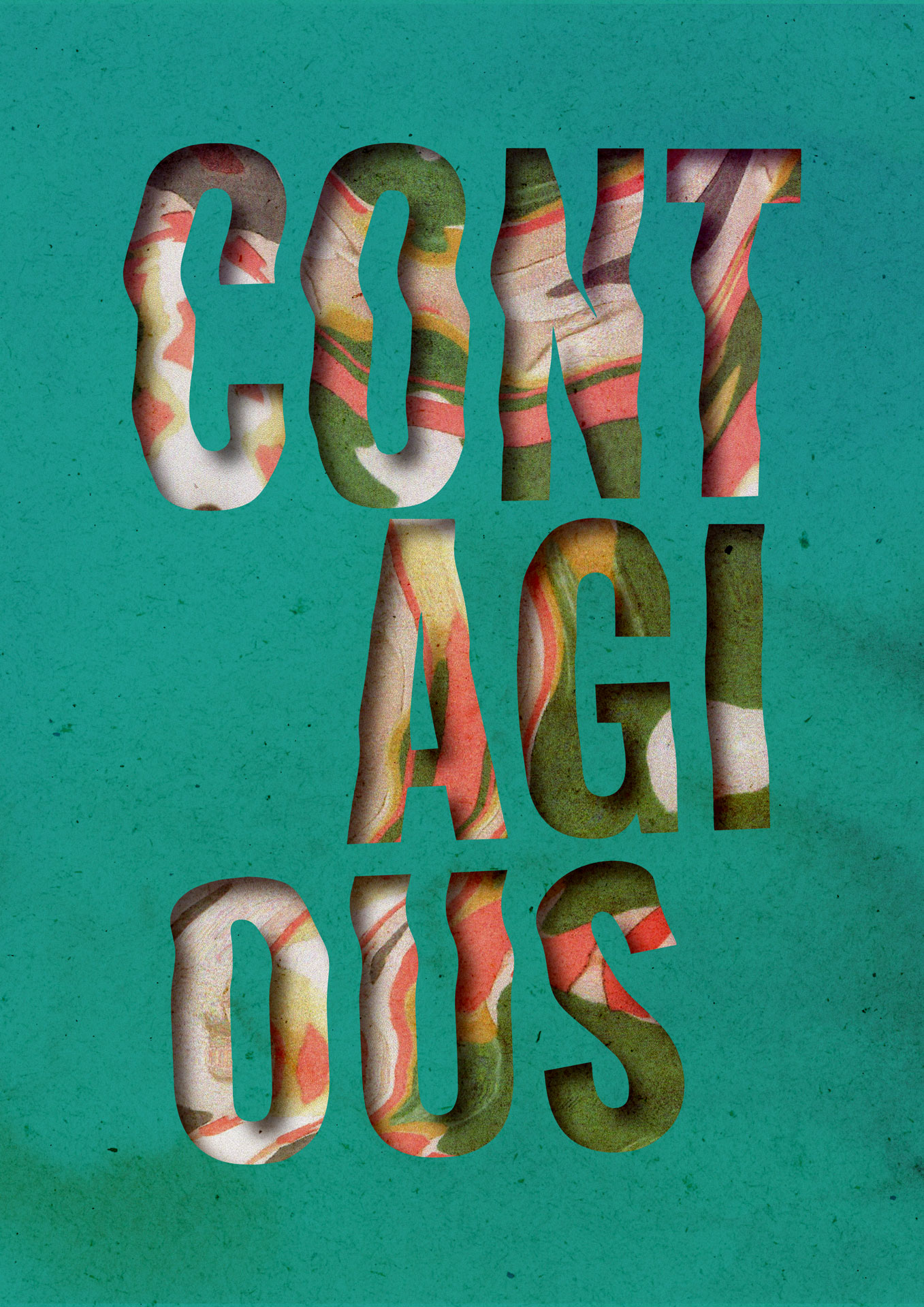 A digital stencil typography composition featuring the word 'Contagious'. The lettering is set against a teal textured paper background. The image features bold letterforms that stand out, creating a visually striking composition. The stencil overlays a scanograph pattern including tones of pink, green, and yellow. The colours add vibrancy and energy, while the word itself conveys the theme of contagiousness or the rapid spread of something. The composition prompts viewers to reflect on the power and impact of contagious ideas.