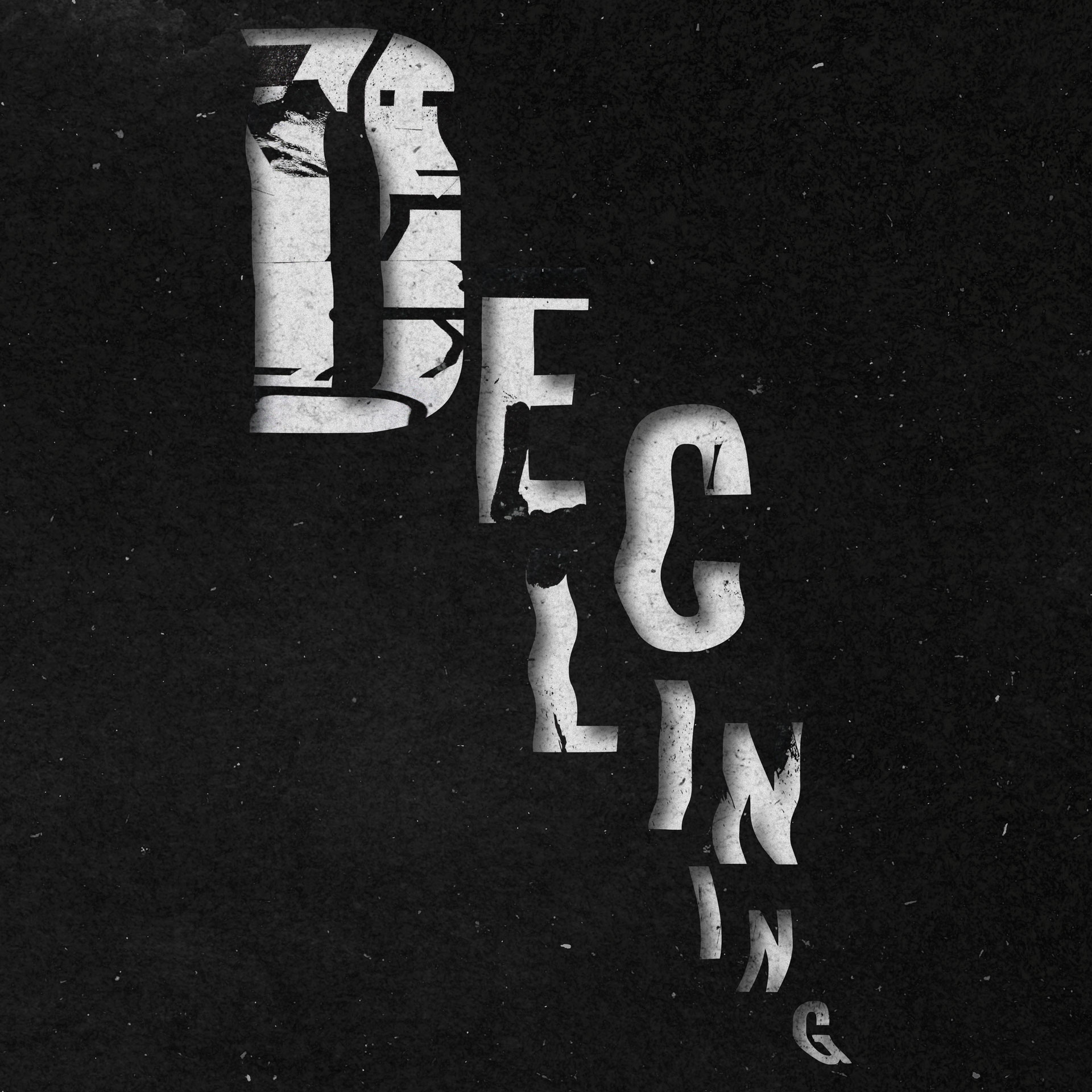 A monochrome digital stencil typography design depicting the word 'Declining'. The text is against a black textured background.