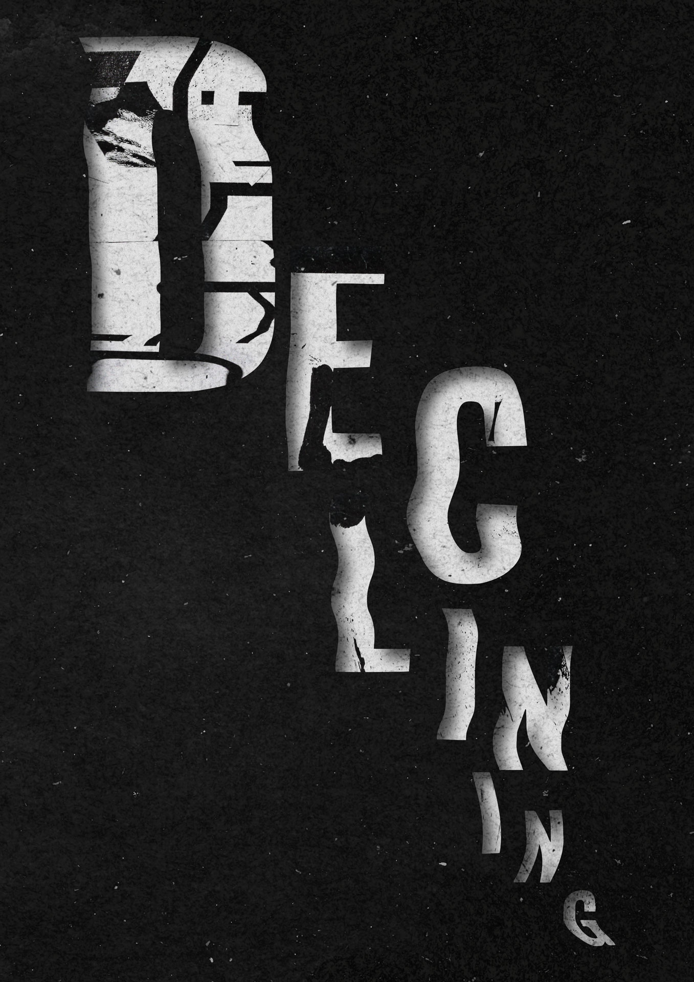 A dark and textured stencil typography design with the word 'Declining'. The image features bold letterforms against a textured background, creating a captivating contrast. The dark color scheme evokes a somber and moody atmosphere, reinforcing the theme of decline. The overall composition exudes a sense of introspection and invites viewers to contemplate the message conveyed by the typography