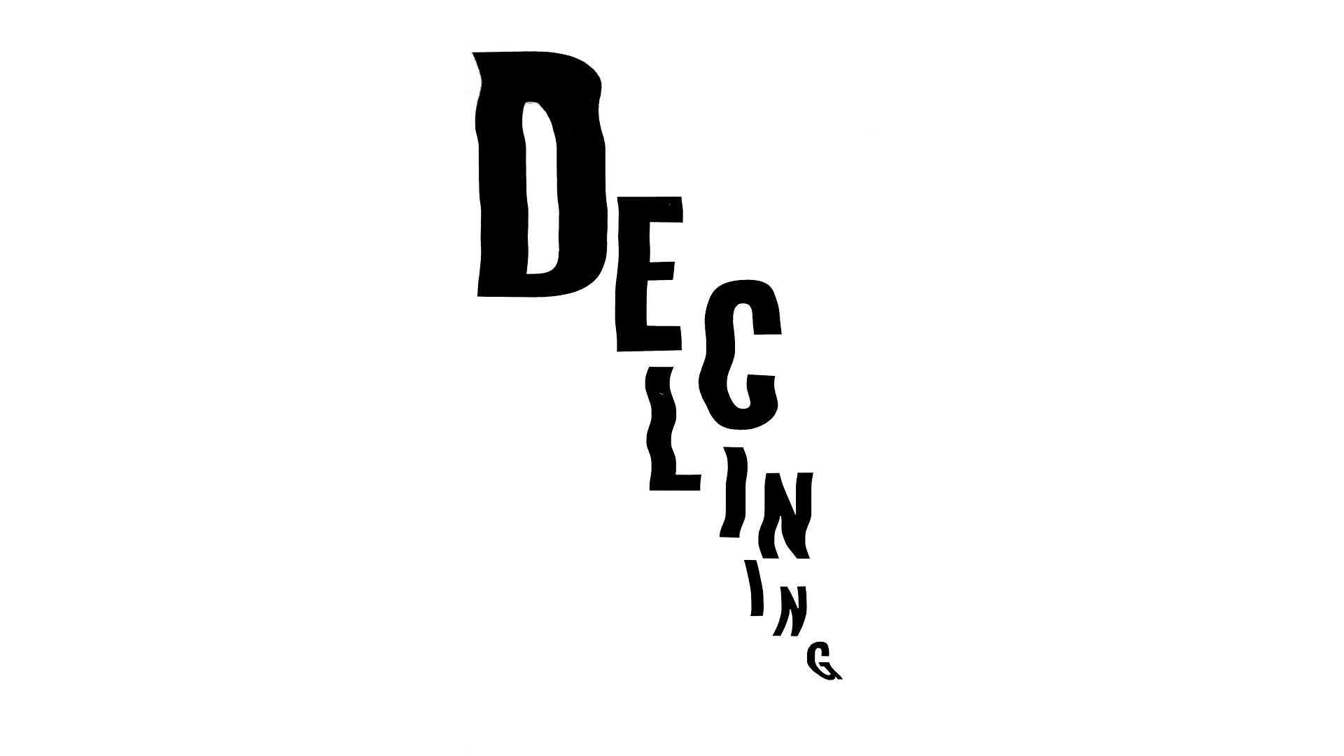 A monochrome scanograph featuring distorted typography with the word 'Declining.' The image showcases fragmented and manipulated letterforms, creating a sense of dynamic movement and visual distortion. The monochrome color scheme adds a touch of starkness and emphasis.