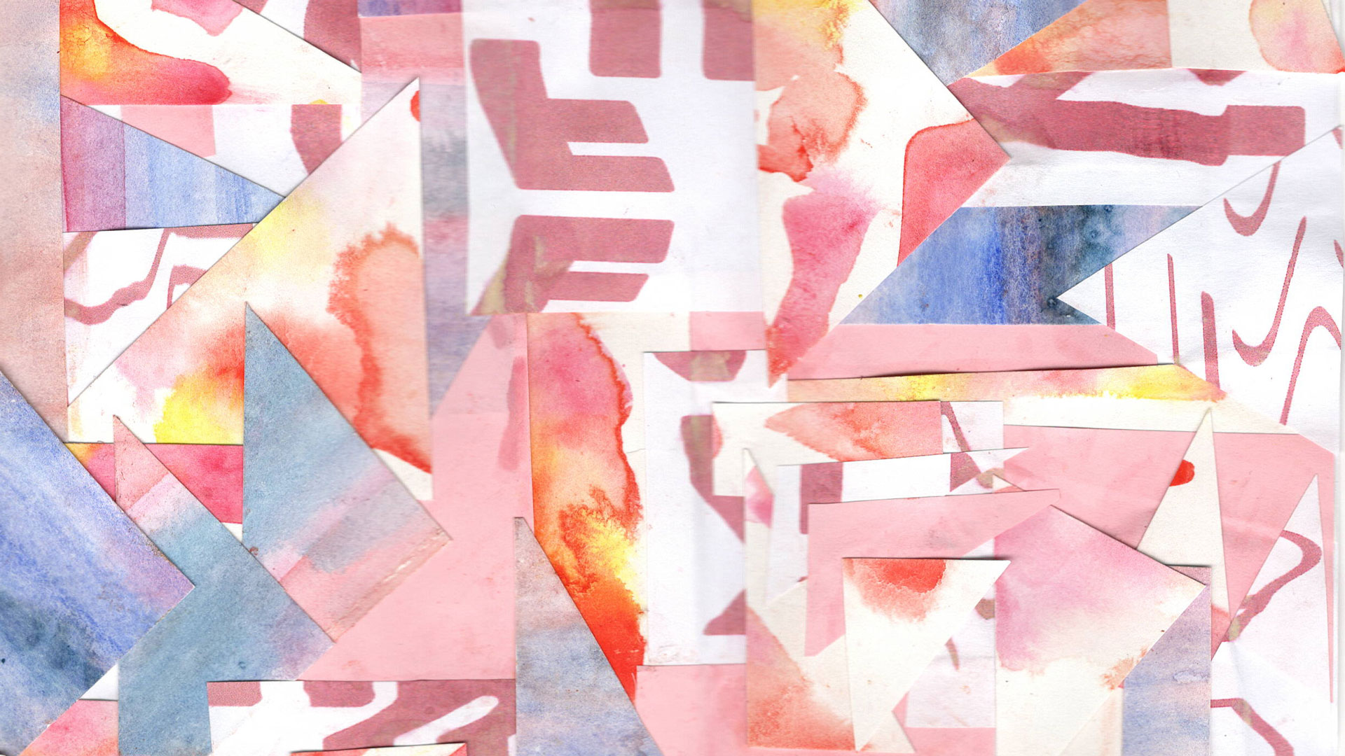 A vibrant collage artwork featuring textured elements such as watercolour paint splashes and grainy paper. The collage includes many layered shapes, with triangles and rectangles places over each other. Some distorted lettering can be seen in the piece, but this just adds to the vibrant feel of the piece. The colours include orange, yellow, blue, pink, and white.