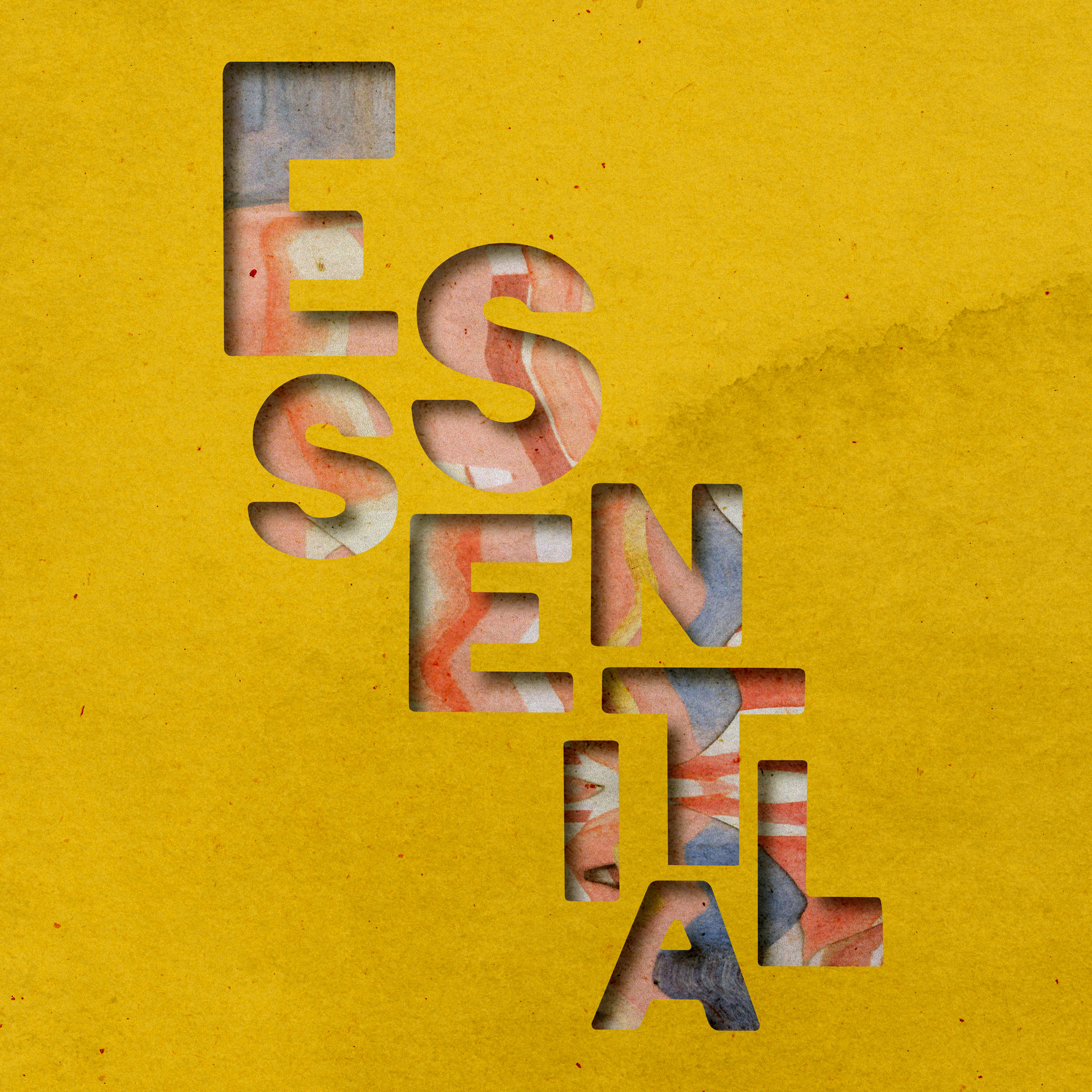 A digital, textured stencil typography design in shades of pink, blue and orange depicting the word 'Essential'. The text is against a yellow textured background.