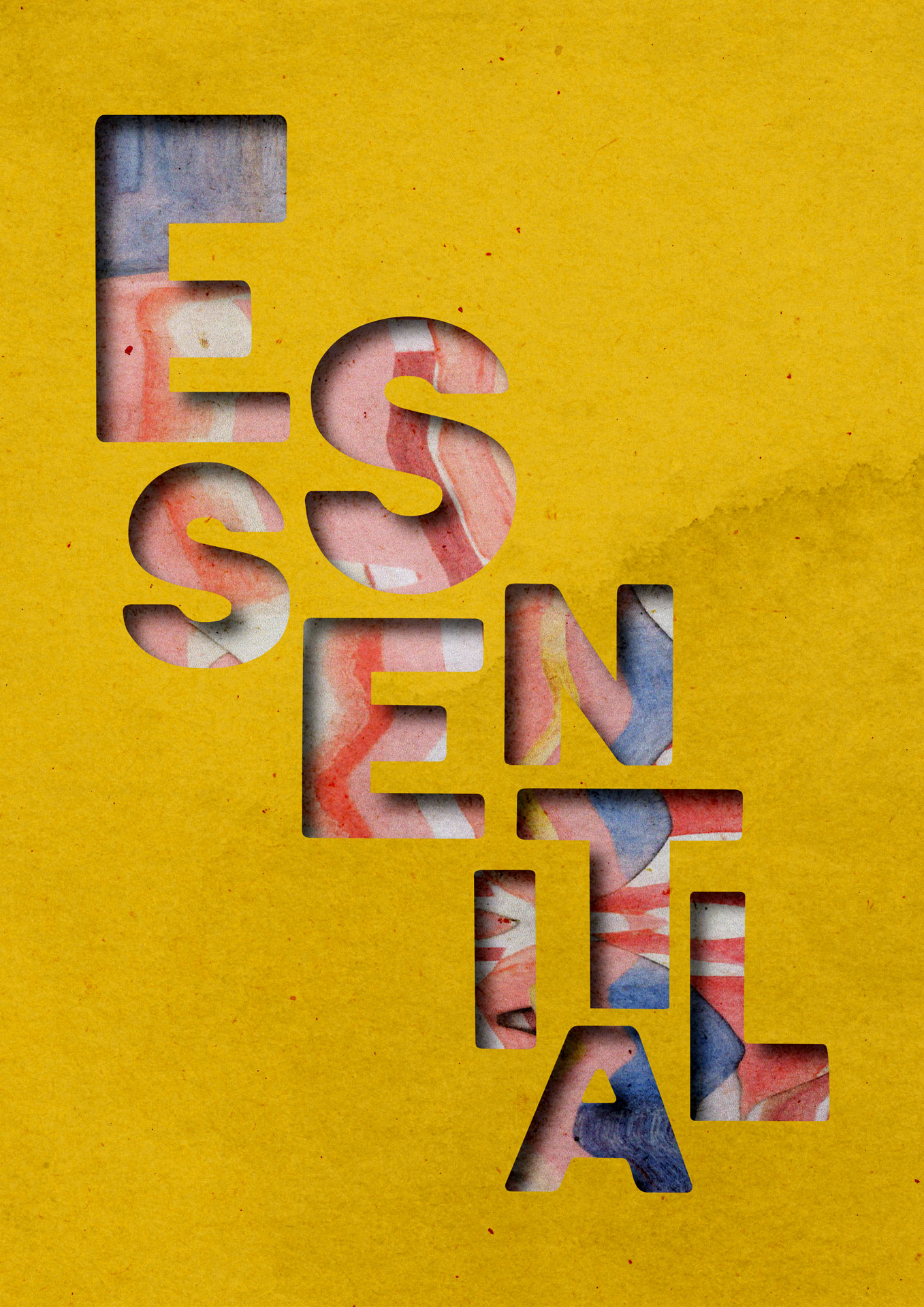  A digital stencil typography composition featuring the word 'Essential' against a yellow textured background. The image features bold letterforms that stand out against the textured surface, creating a visually captivating composition. The stencil lettering is against a scanograph background, with wavy textures of blue, pink, and white showing through.