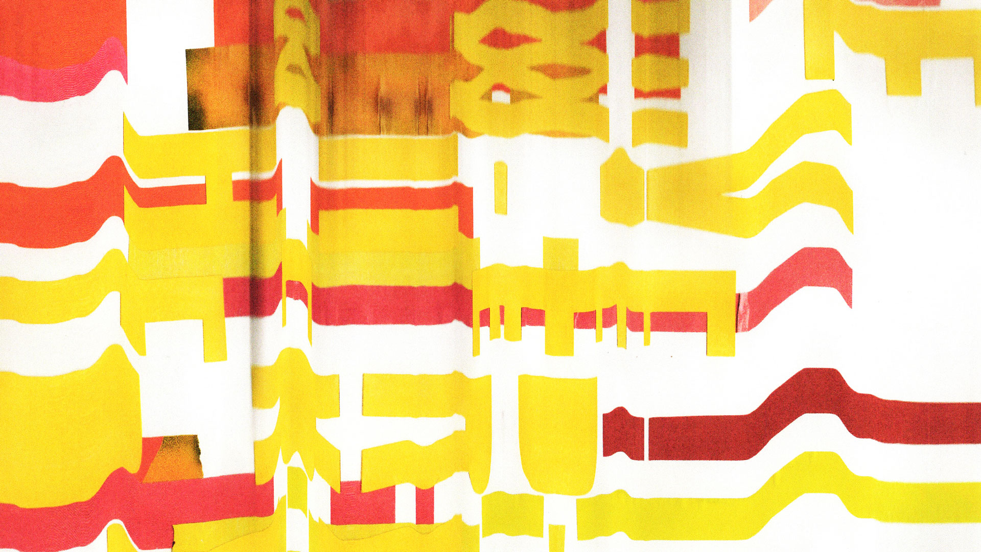 A scanograph of a collage. Wavy, distorted lines moved from left to right. Some of original collage's lettering has been transformed into abstract patterns. The overall piece has a sense of energy, using vibrant shades of yellow, orange, pink and red against a white background.