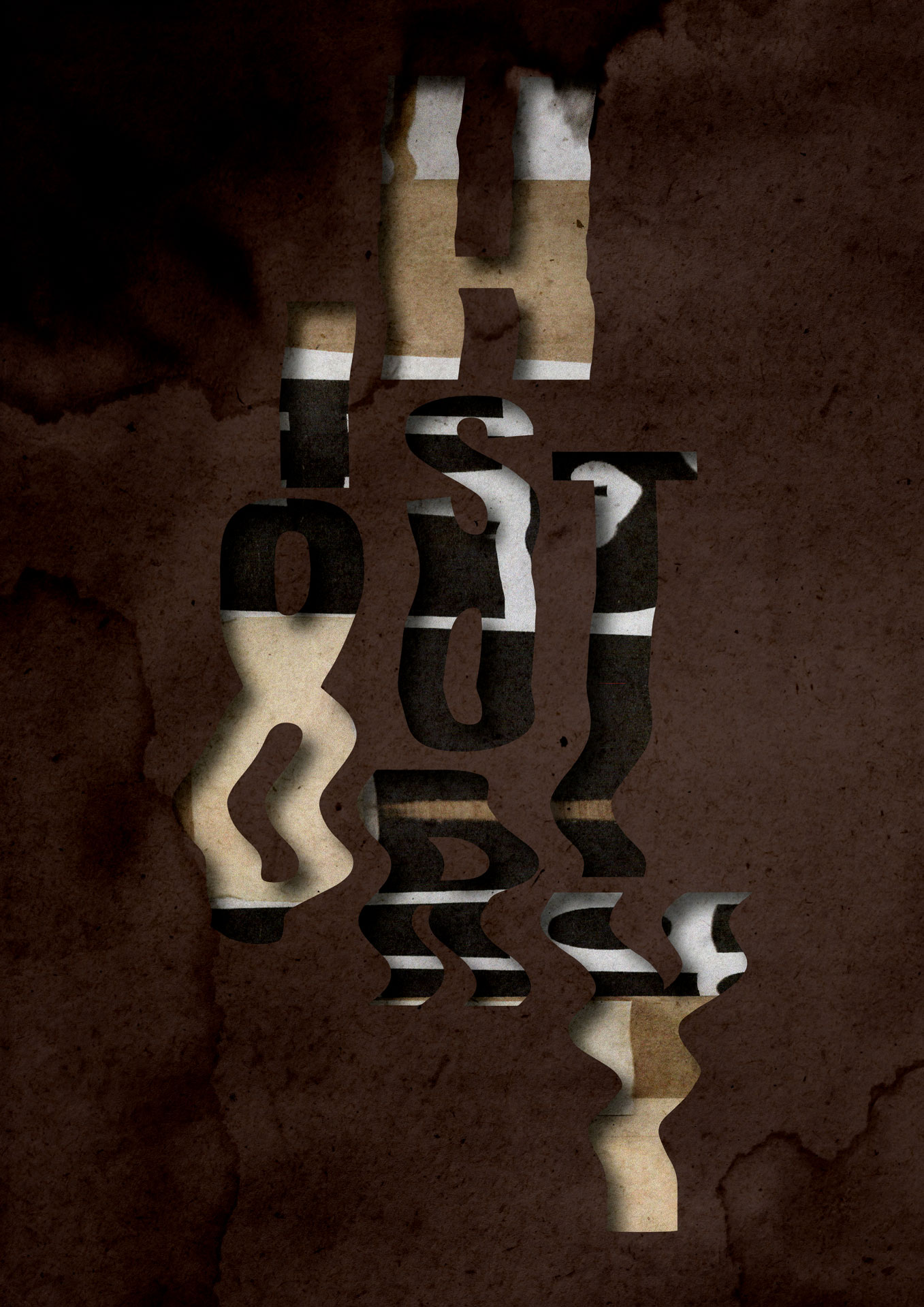 A digital stencil typography design with the distorted word 'History' on a dark brown textured paper background. The image features bold letterforms that stand out against the textured surface, creating a vintage aesthetic. The stencil background is of a scanograph in tones of sepia, black, white. These wavy textures create an abstract feel to the piece.