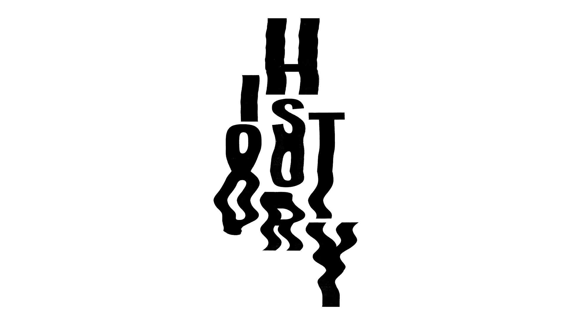 A monochrome scanograph featuring distorted typography with the word 'History'. The image displays fragmented and manipulated letterforms, creating a sense of dynamic movement and visual distortion.