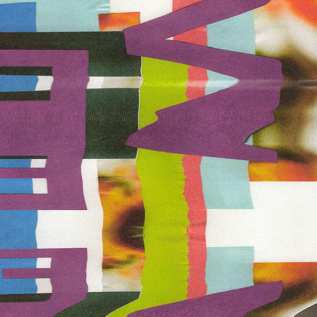 A scanograph of a collage. The process has caused warping and glitch effects. Fragmented visuals, intersecting lines, and manipulated shapes create an abstract composition. Tones of purple, blue, orange, green, and pink are present.