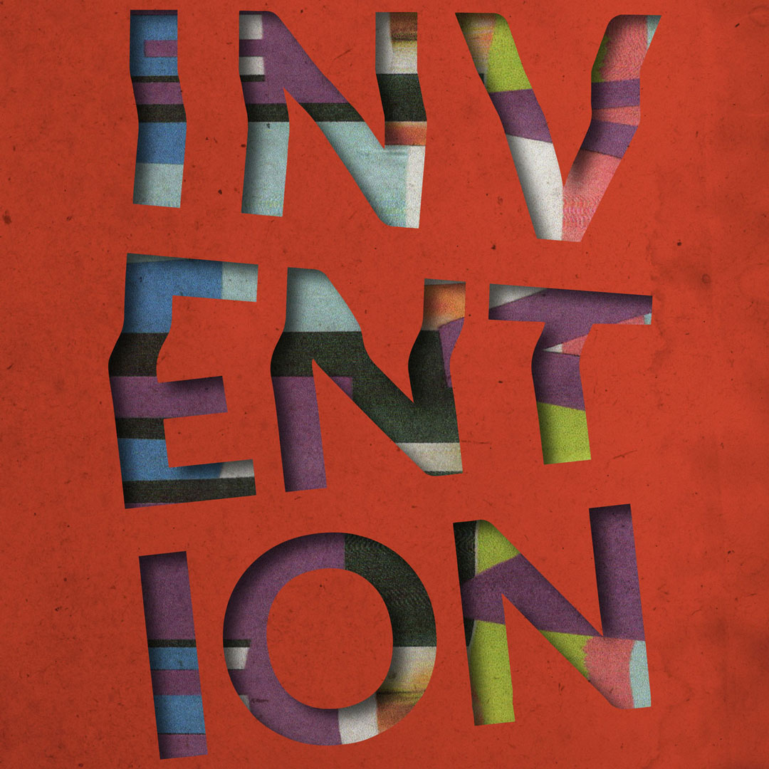 A digital stencil typography design featuring the word 'Invention'. The image includes bold letterforms that stand out against the orange, paper textured background, creating a visually captivating composition. The stencil letters are placed over an abstract scanograph texture of lines. The lines are in shades of purple, green, blue and white. The overall bright colours evoke a sense of creativity and innovation.