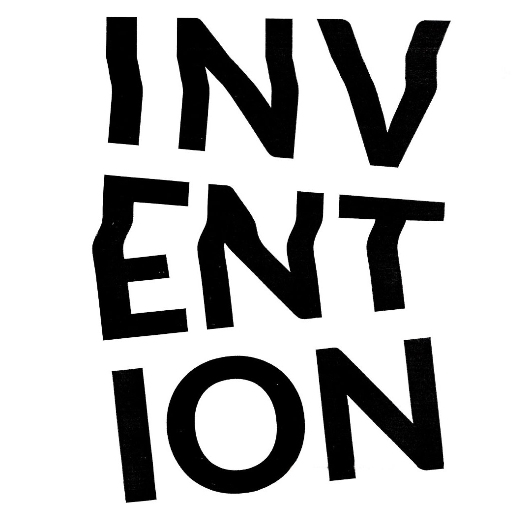 A monochrome scanograph featuring distorted typography with the word 'Invention.' The image displays fragmented and manipulated letterforms, creating a sense of dynamic movement and visual distortion.