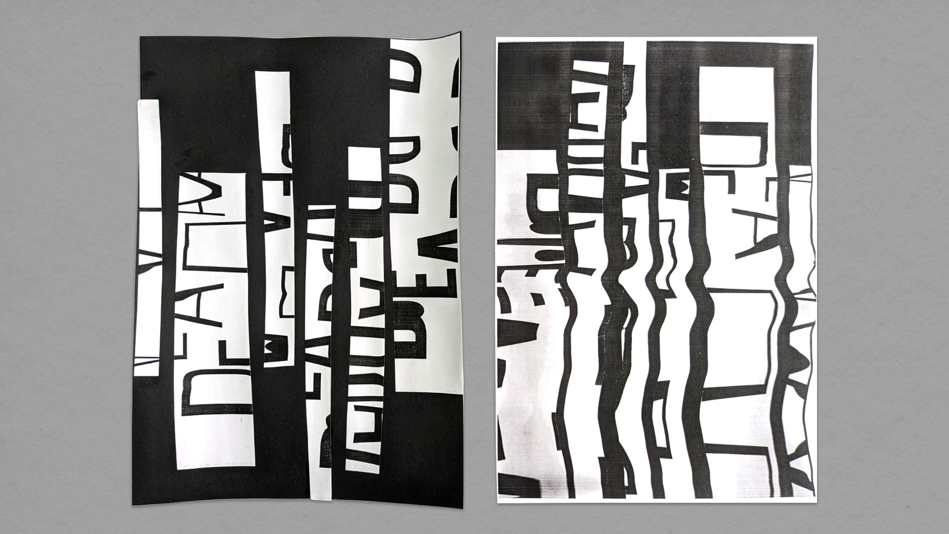 On the left is an A4 portrait collage. It has a black background with long pieces of cut-up print outs layered on top. The prints were distorted typography, but the words can no longer be clearly seen. On the right is an A4 portrait scanograph of the collage. The cut-up type is now distorted and wavy, creating an abstract and organic feel.