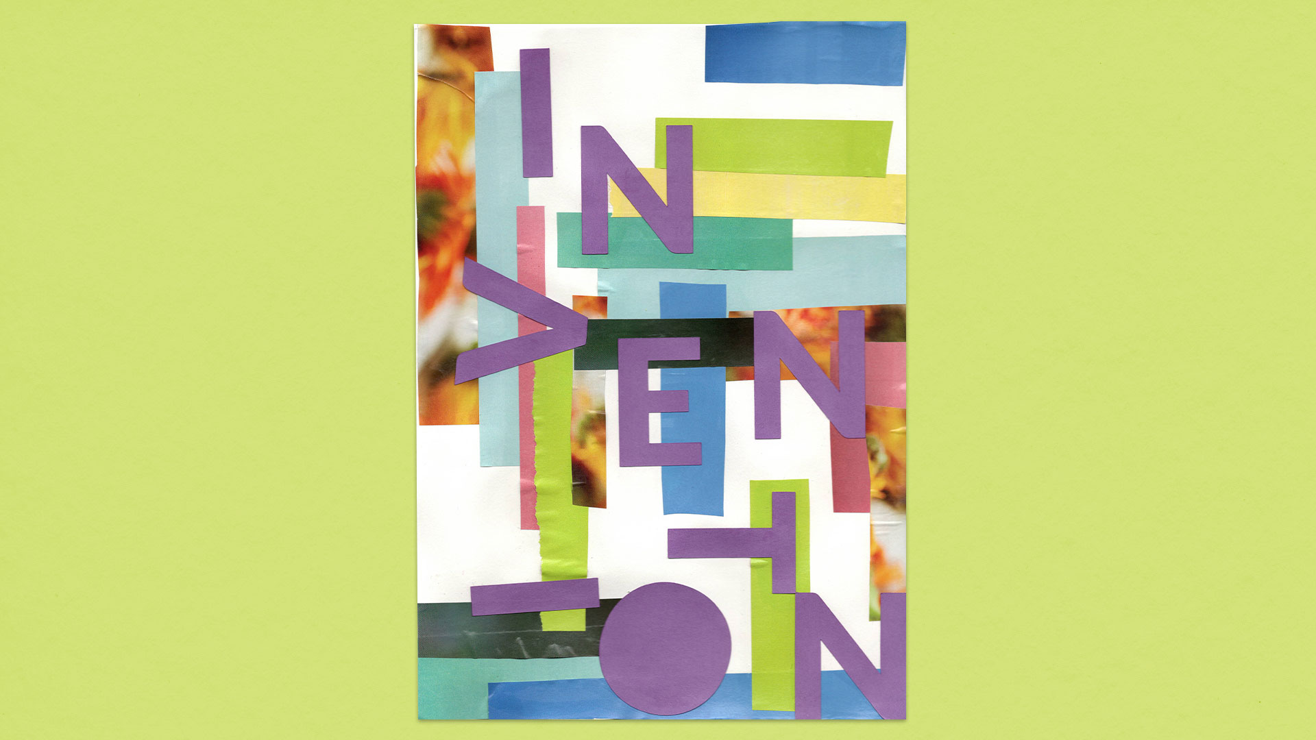 An A4 collage is positioned centrally against a lime green landscape background. The collage artwork is vibrant and colourful, featuring recatangle shapes. The papers used in the collage are cut from magazines, so blurry snippets of images can be seen, as well as block colours of green, blue, yellow, and pink. The word 'Invention' is cut out of purple paper, and the chunky sans serif type is positioned jauntily across the piece.