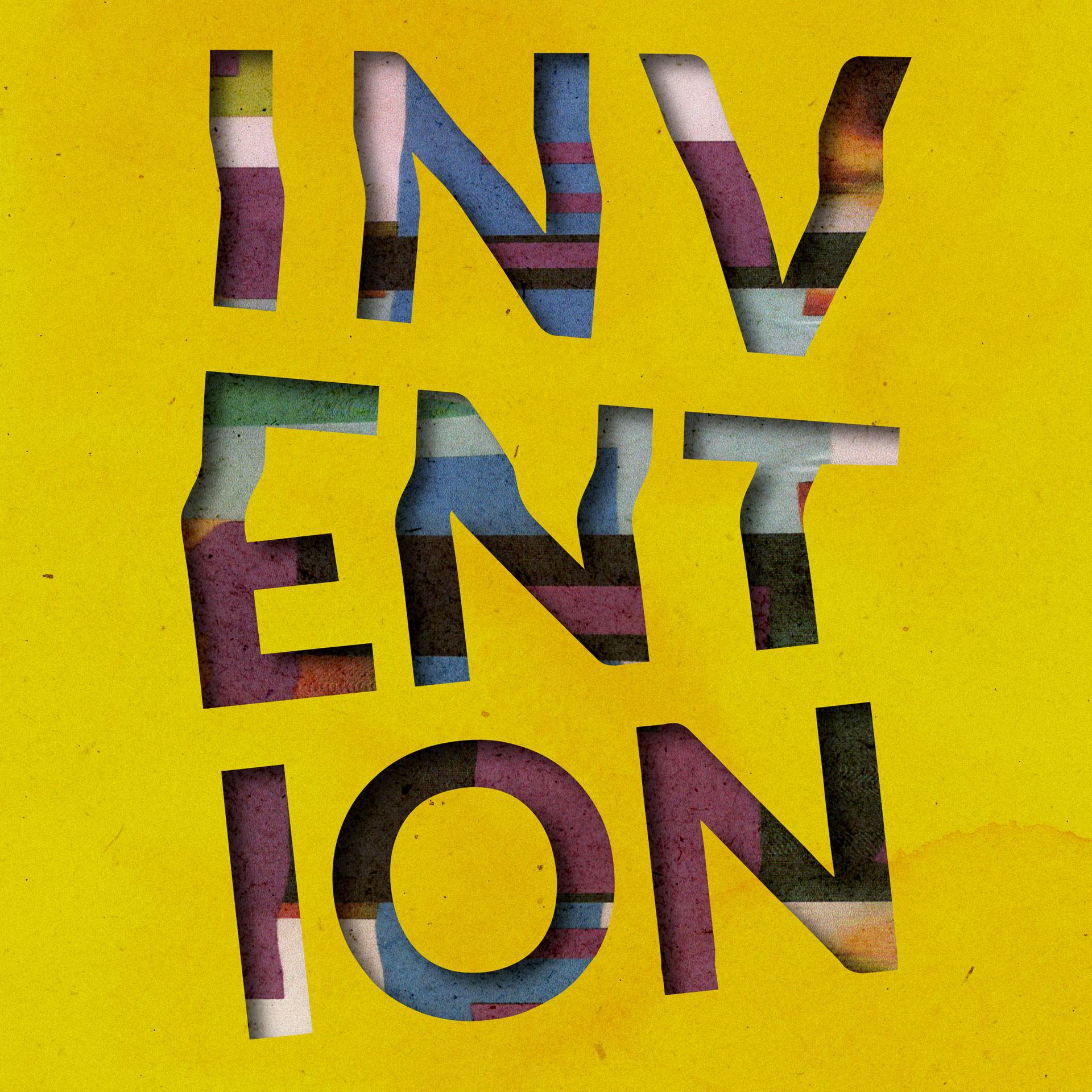 A digital stencil typography composition in shades of purple, blue, and green depicting the word 'Invention'. The text is against a bright yellow paper textured background.