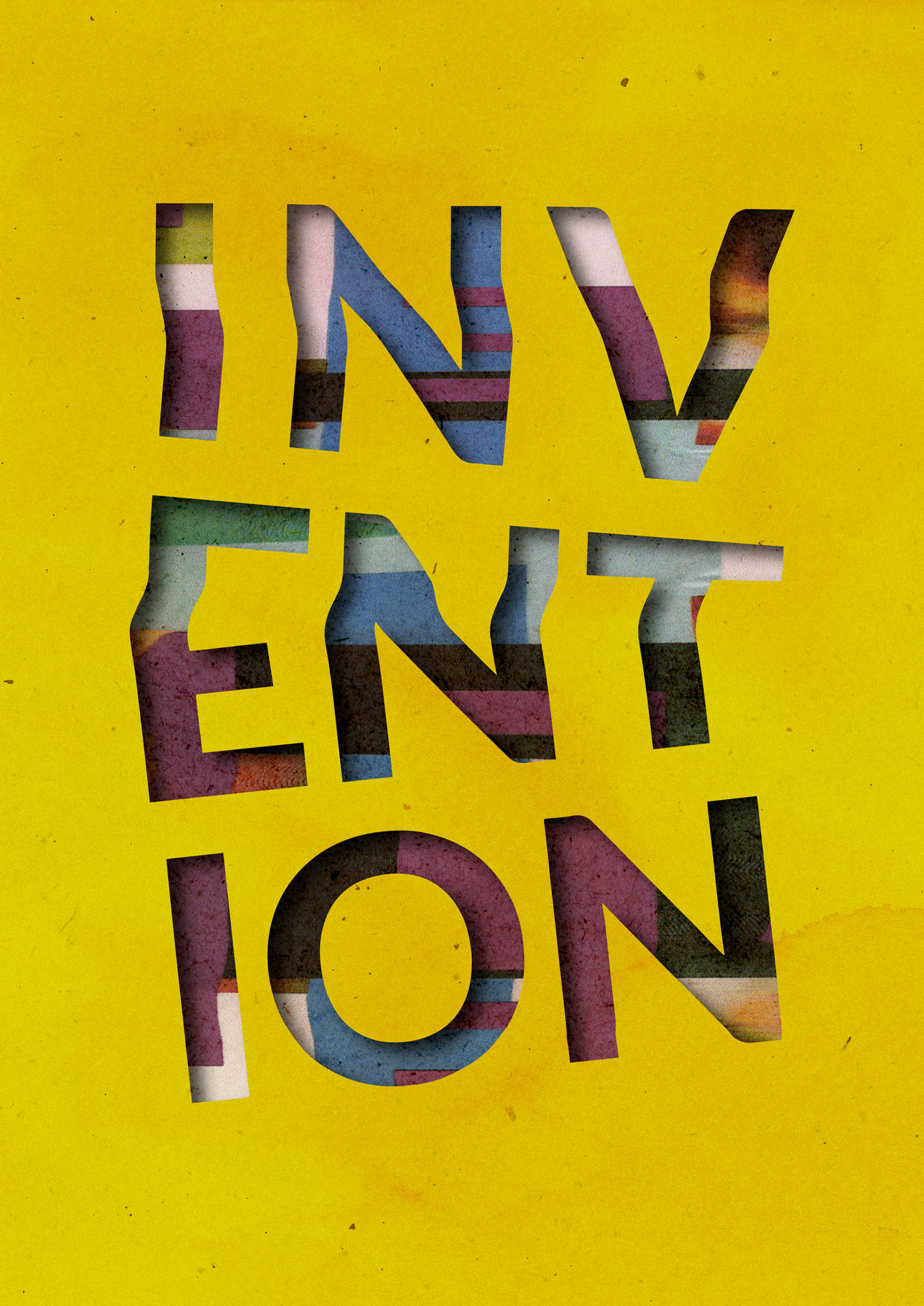 A digital stencil typography design featuring the word 'Invention'. The image includes bold letterforms that stand out against the yellow, paper textured background, creating a visually captivating composition. The stencil letters are placed over an abstract scanograph texture of lines. The lines are in shades of purple, green, blue and white. The overall bright colours evoke a sense of creativity and innovation.