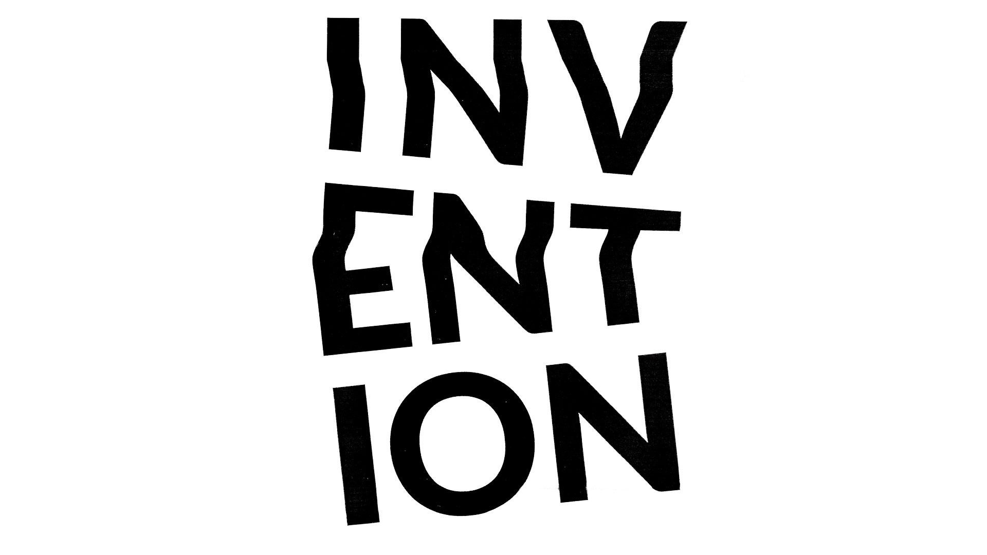 A monochrome scanograph featuring distorted typography with the word 'Invention.' The image displays fragmented and manipulated letterforms, creating a sense of dynamic movement and visual distortion.