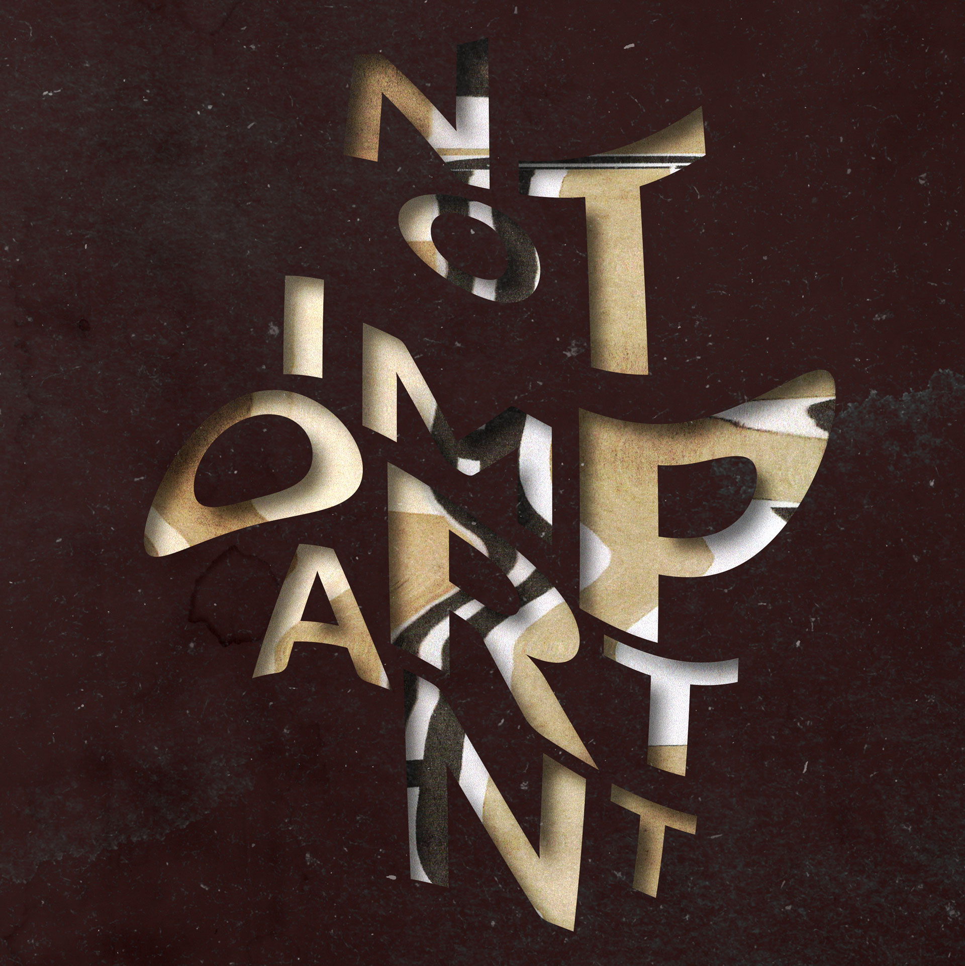 A digital, textured stencil typography design in shades of brown, white and black depicting the words 'Not Important'. The text is against a dark brown textured background.