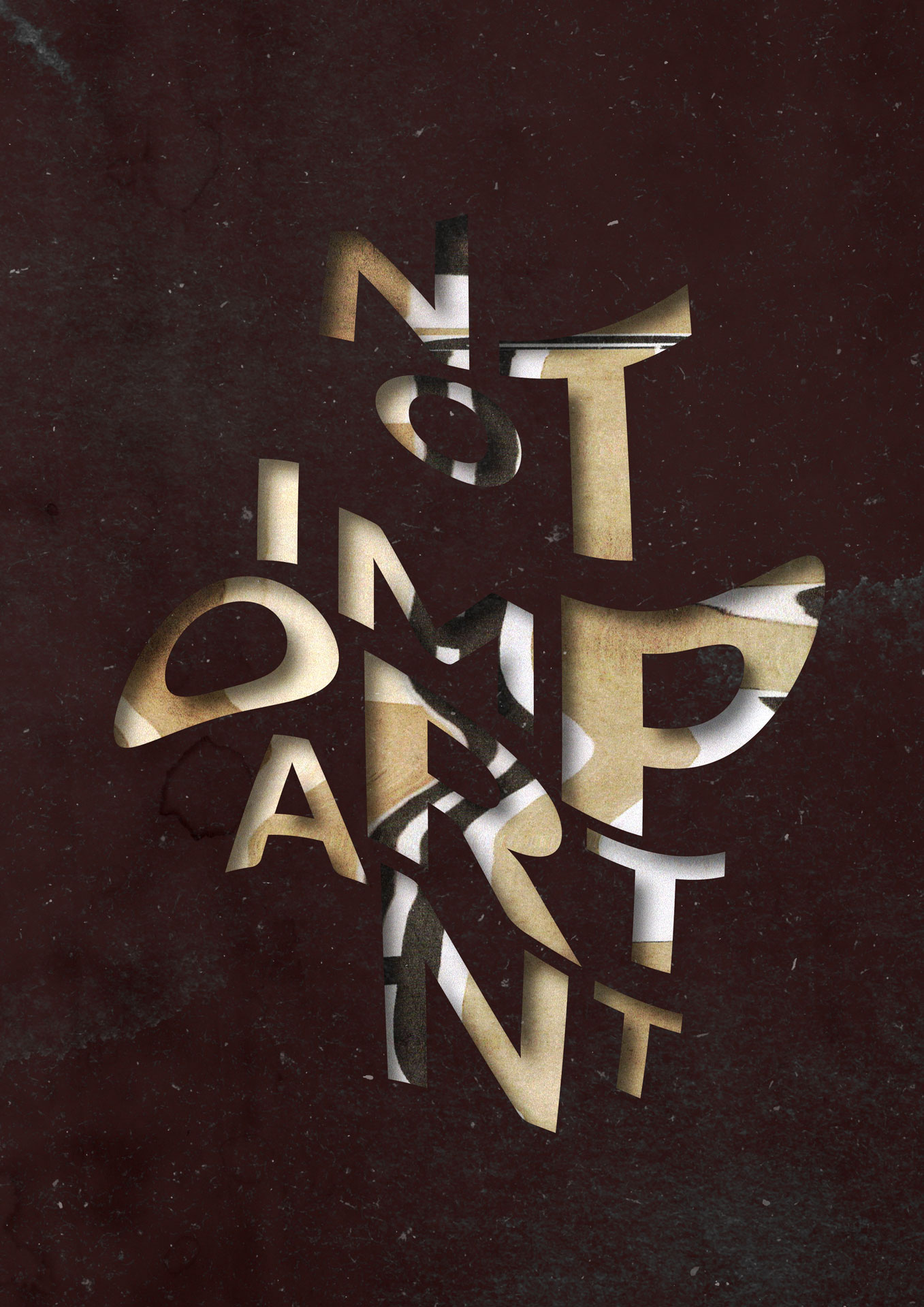 A textured stencil typography design with the phrase 'Not Important.' The lettering is textured with a scanograph of warped forms in beige and black. The image features bold letterforms against a dark brown textured paper background, creating a visually engaging contrast