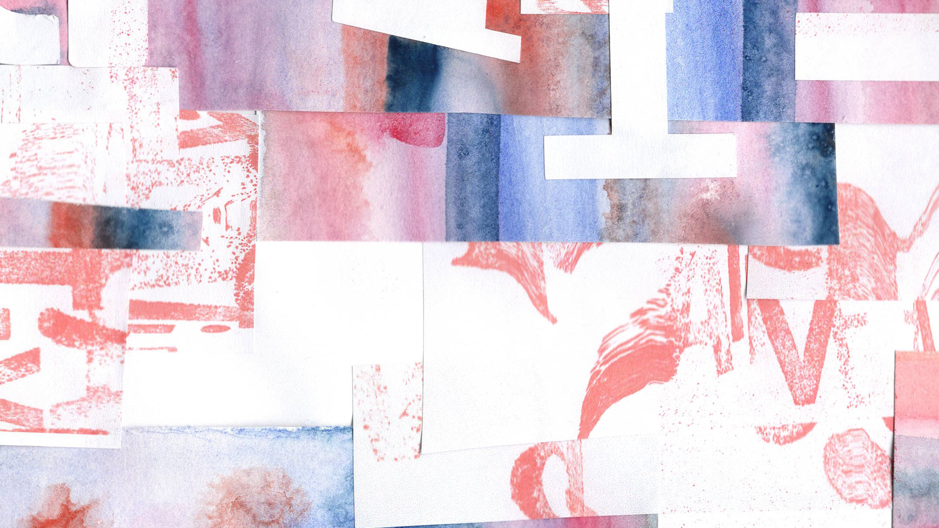 A collage using a different range of papers, including painted watercolour and distorted scanographs. The papers have been cut into rectangles and squares and overlapped. The top of the collage is busier, with the bottom of the image including more white space. There is energy, texture, and grain. Tones of blue, pink, and orange are included.