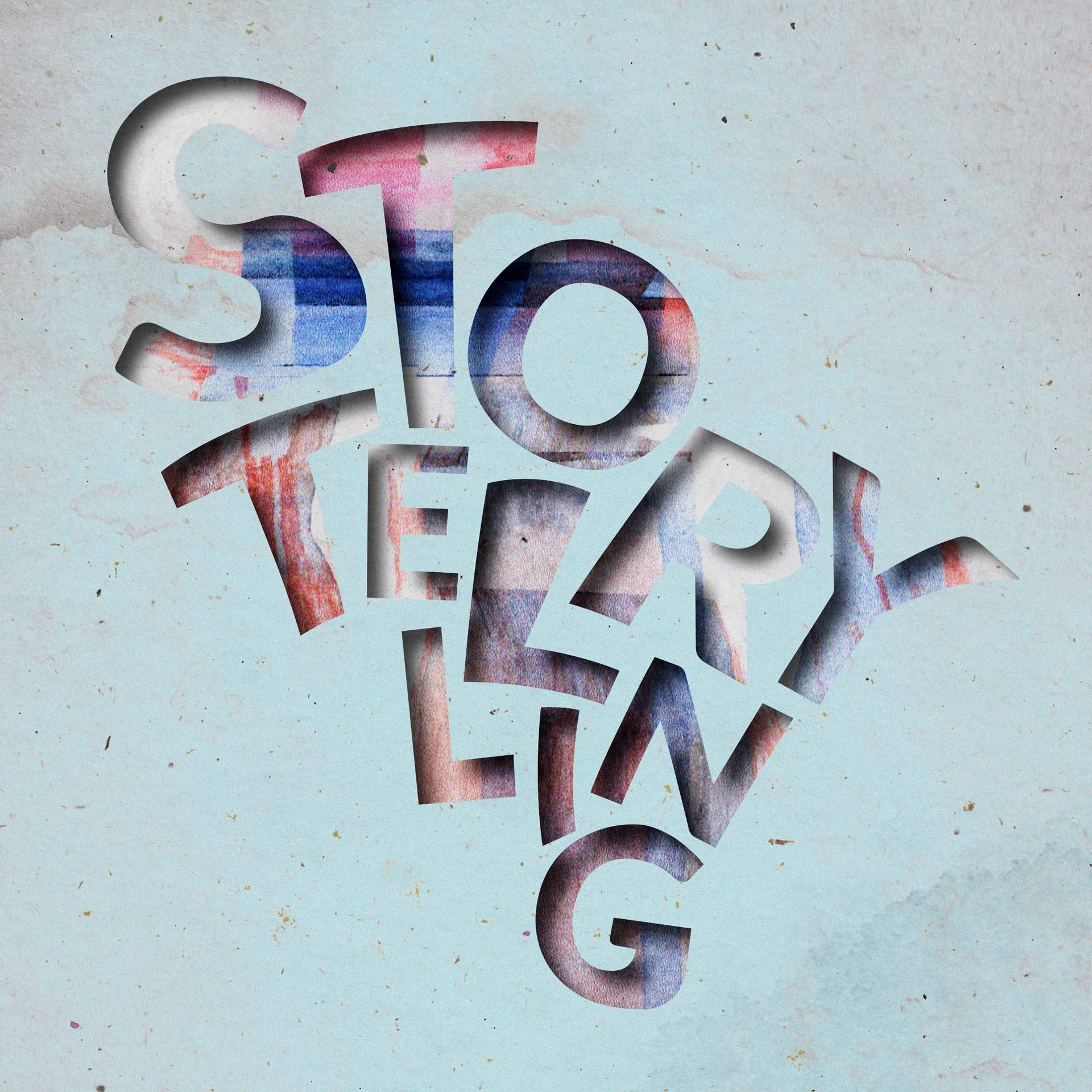 A digital, textured stencil typography design in shades of blue and pink depicting the word 'Storytelling'. The text is against a pale blue textured paper background.