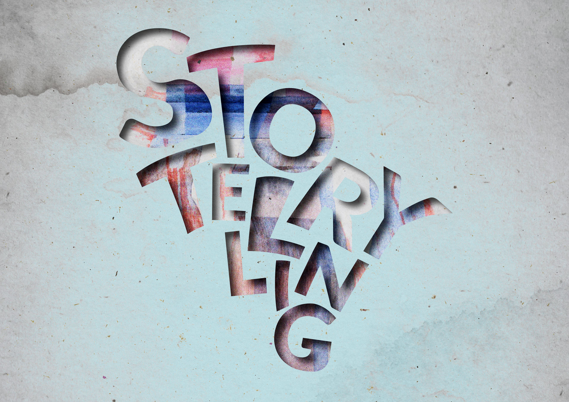 A digital stencil typography design with the word 'Storytelling' against a pale blue paper background. The image features bold letterforms that stand out against the textured surface. The stencil lettering is positioned over a scanograph which has created grid patterns and wavy lines in tones of blues and pinks. The pastel color palette adds a soft and dreamy atmosphere, while the word itself evokes the art of conveying narratives. 