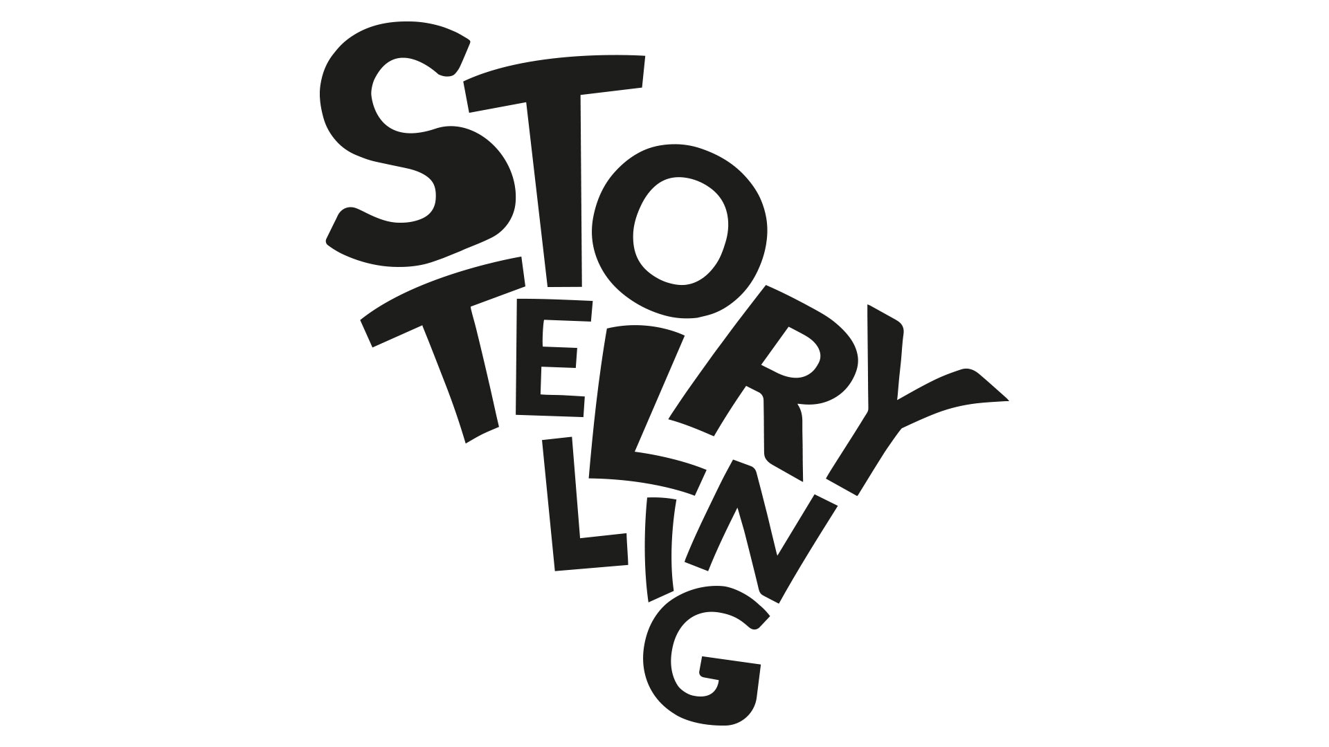 A monochrome scanograph featuring distorted typography with the word 'Storytelling.' The image displays fragmented and manipulated letterforms, creating a sense of dynamic movement and visual distortion.