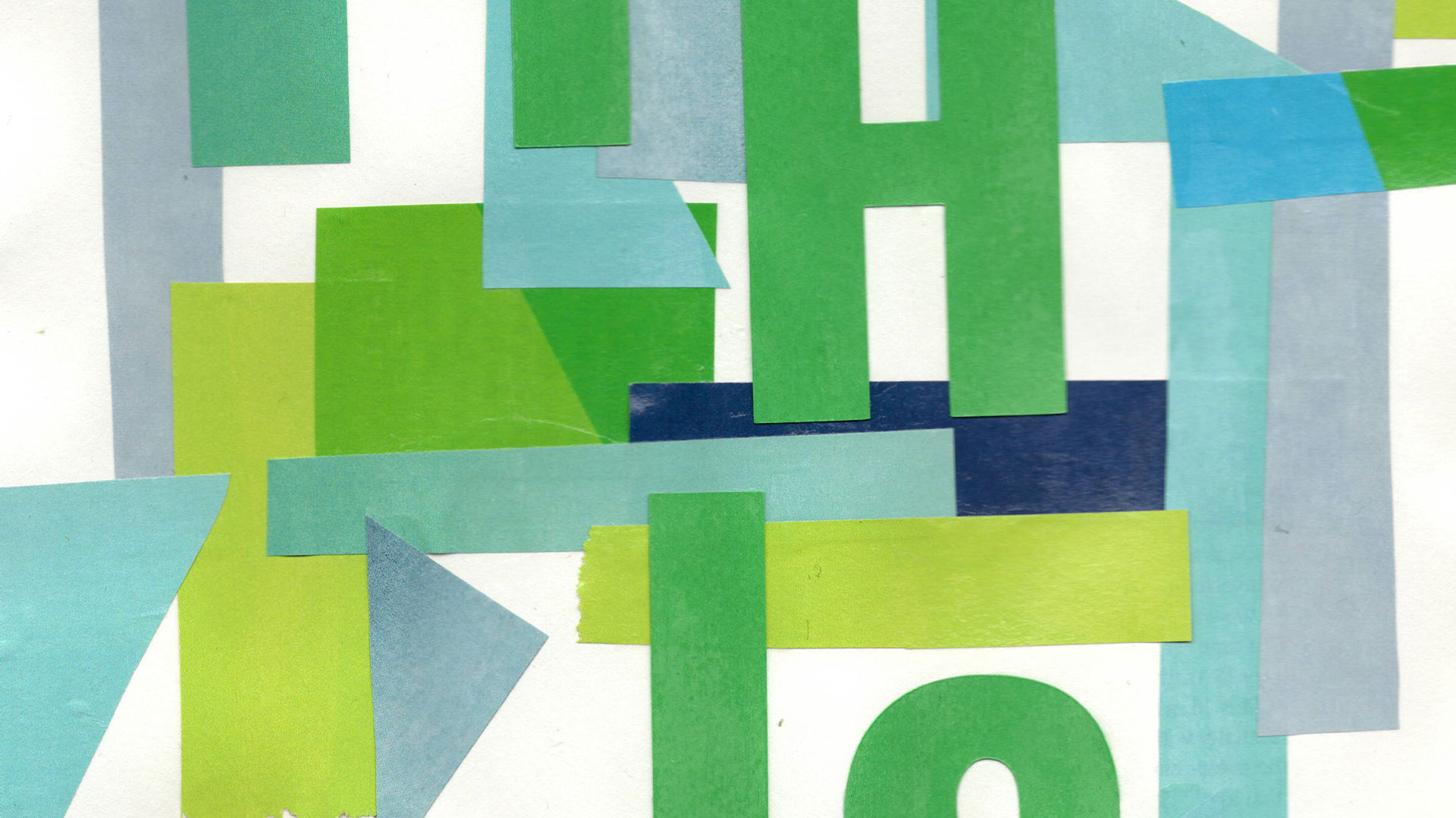 A vibrant collage artwork with bright colors and geometric shapes. The papers used in the collages have different grains and thickness, as they have been sourced from magazines as well as card stock. The collage includes colours of green, turquoise, lime green, and blue against a white background.