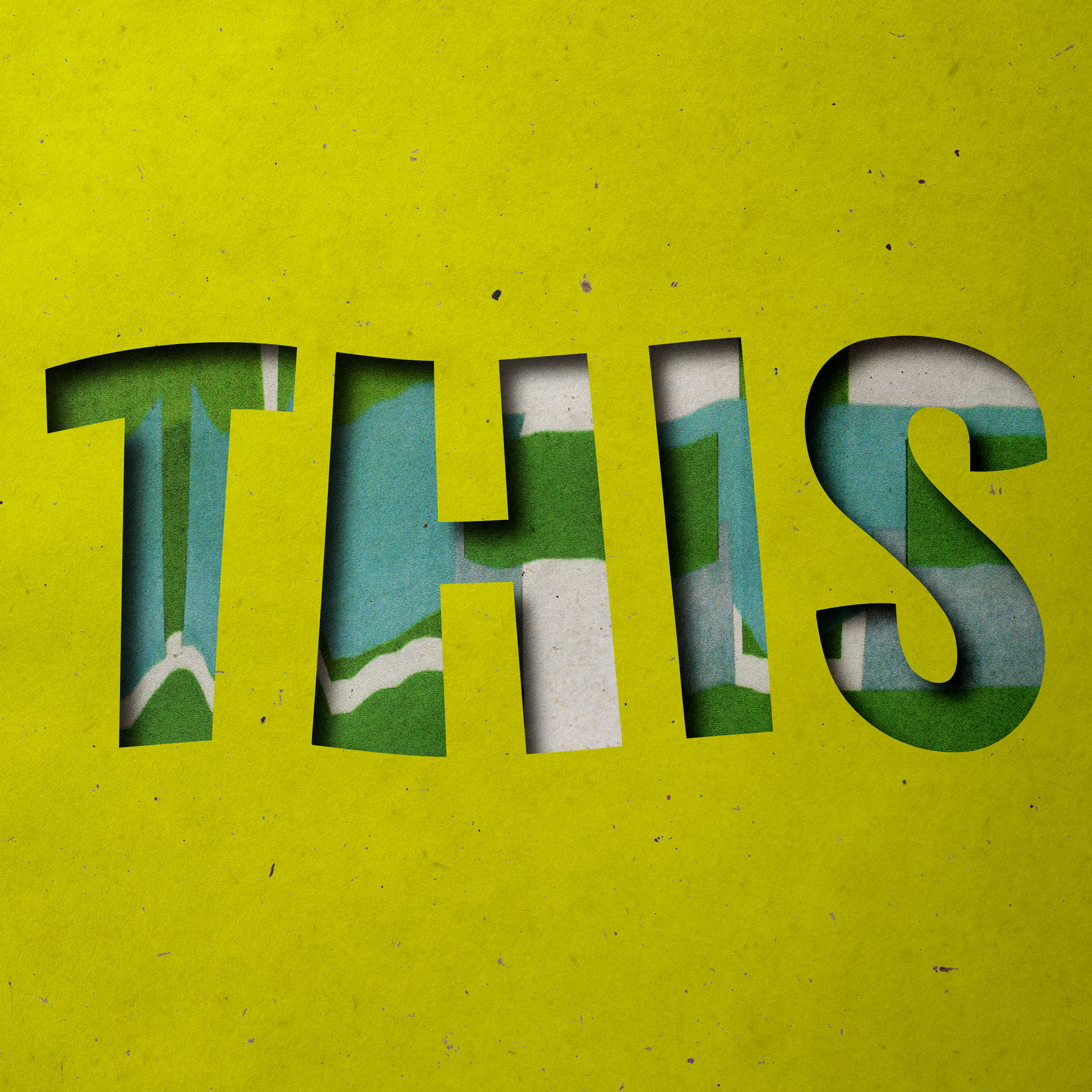 A digital stencil typography design in shades of green, blue and white depicting the word 'This'. The text is against a lime green textured background.