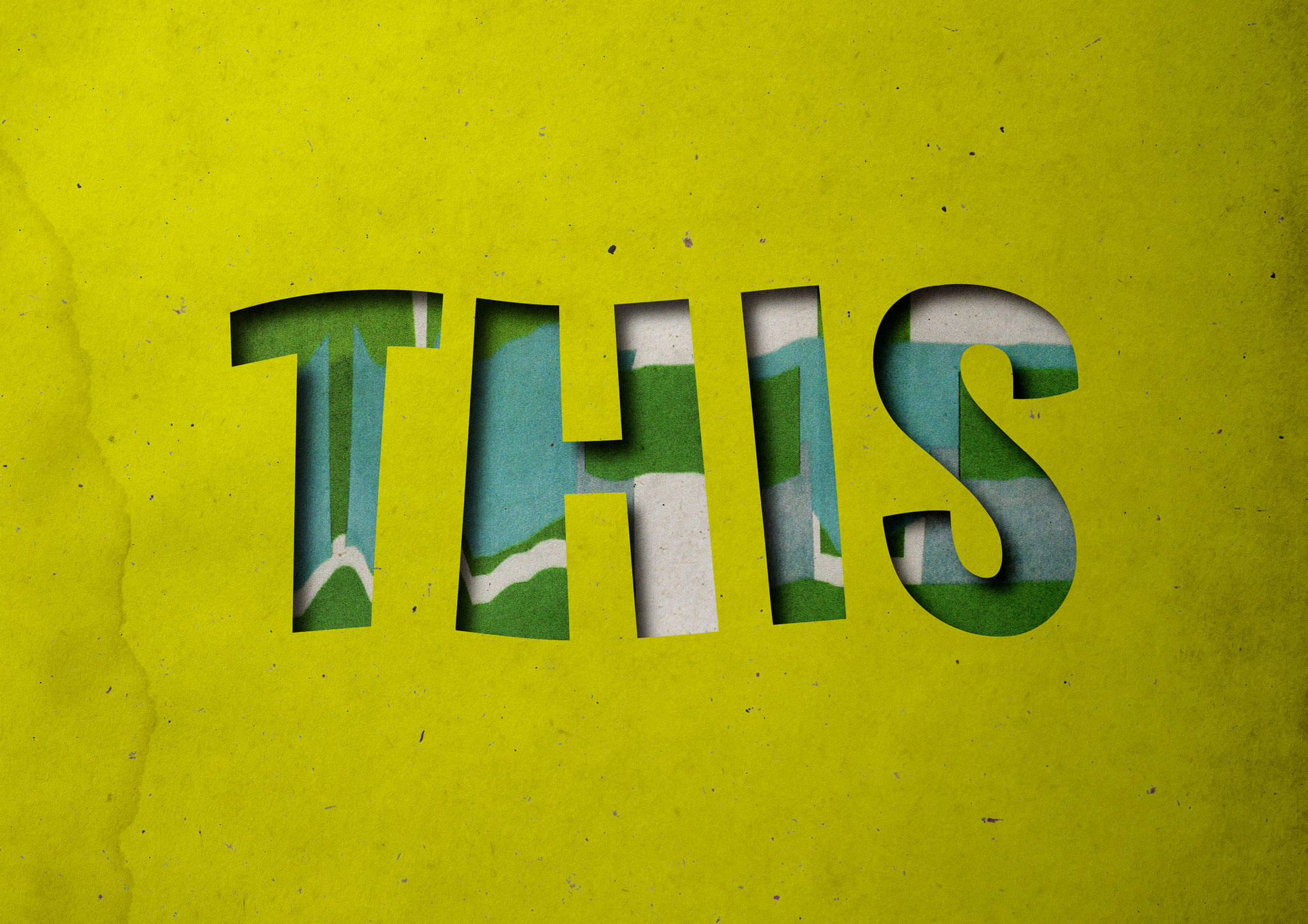 A digital stencil typography design with the word 'This' against a lime green textured paper background. The image features bold letterforms that stand out against the textured surface, creating a visually striking composition. The stencil lettering is positioned over a scanograph texture, with pops of teal, white, and green present in the wavy shapes. The bright colours add vibrancy and freshness.