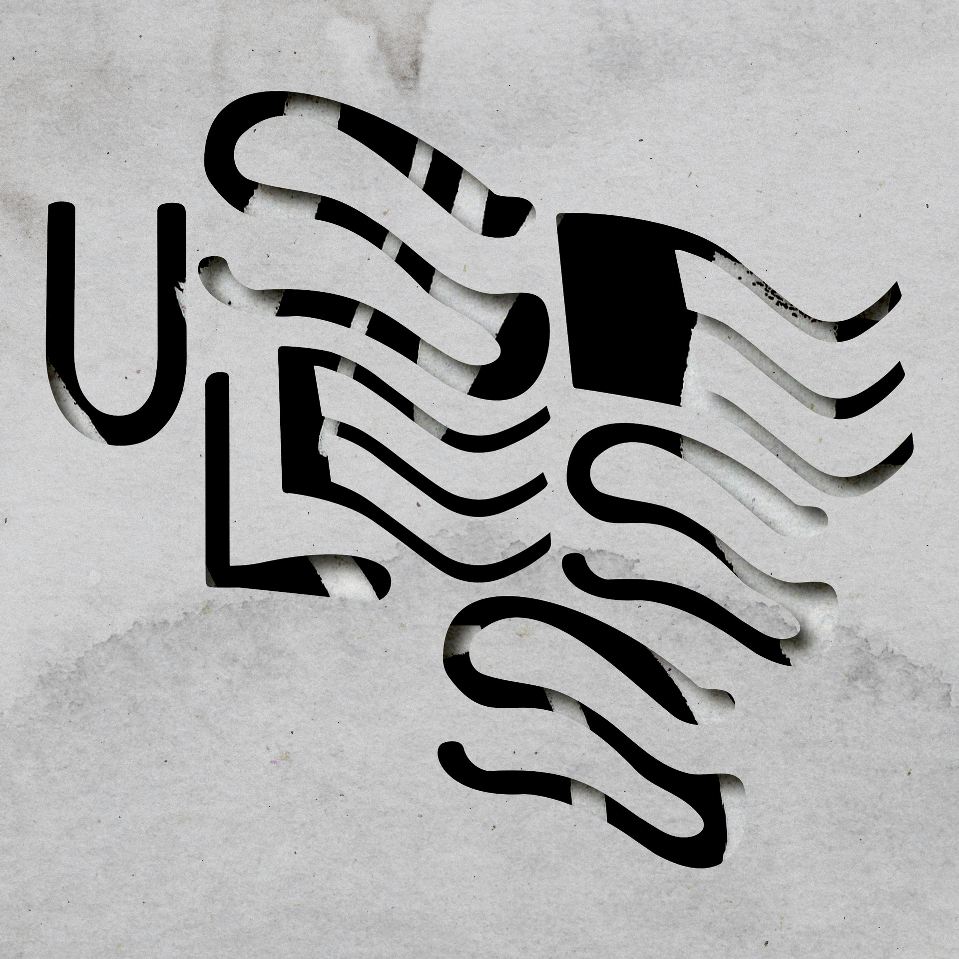 A monochrome digital stencil typography design depicting the word 'Useless'. The text is against a pale grey textured paper background.