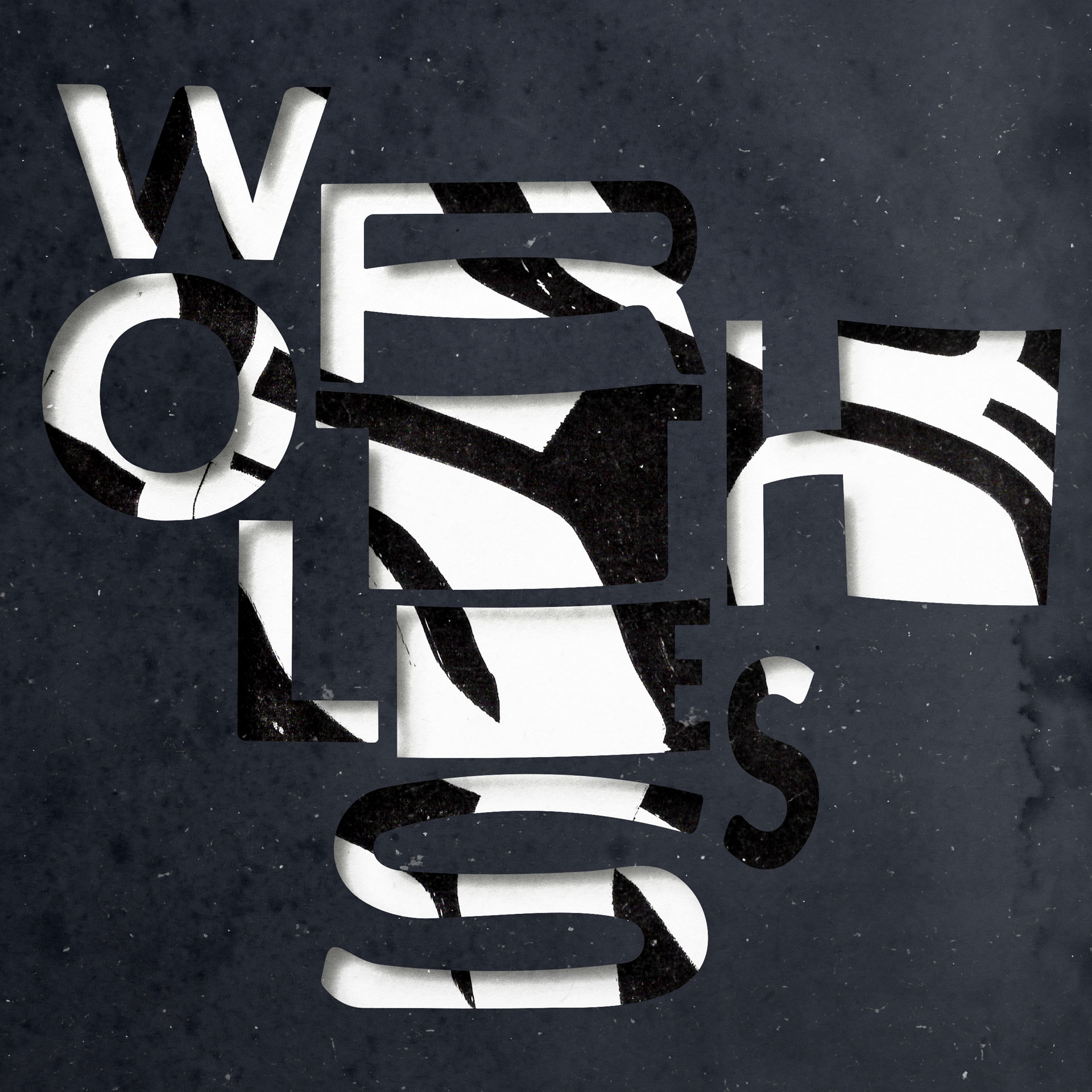 A monochrome digital stencil typography composition depicting the word 'Worthless'. The text is against a navy background.